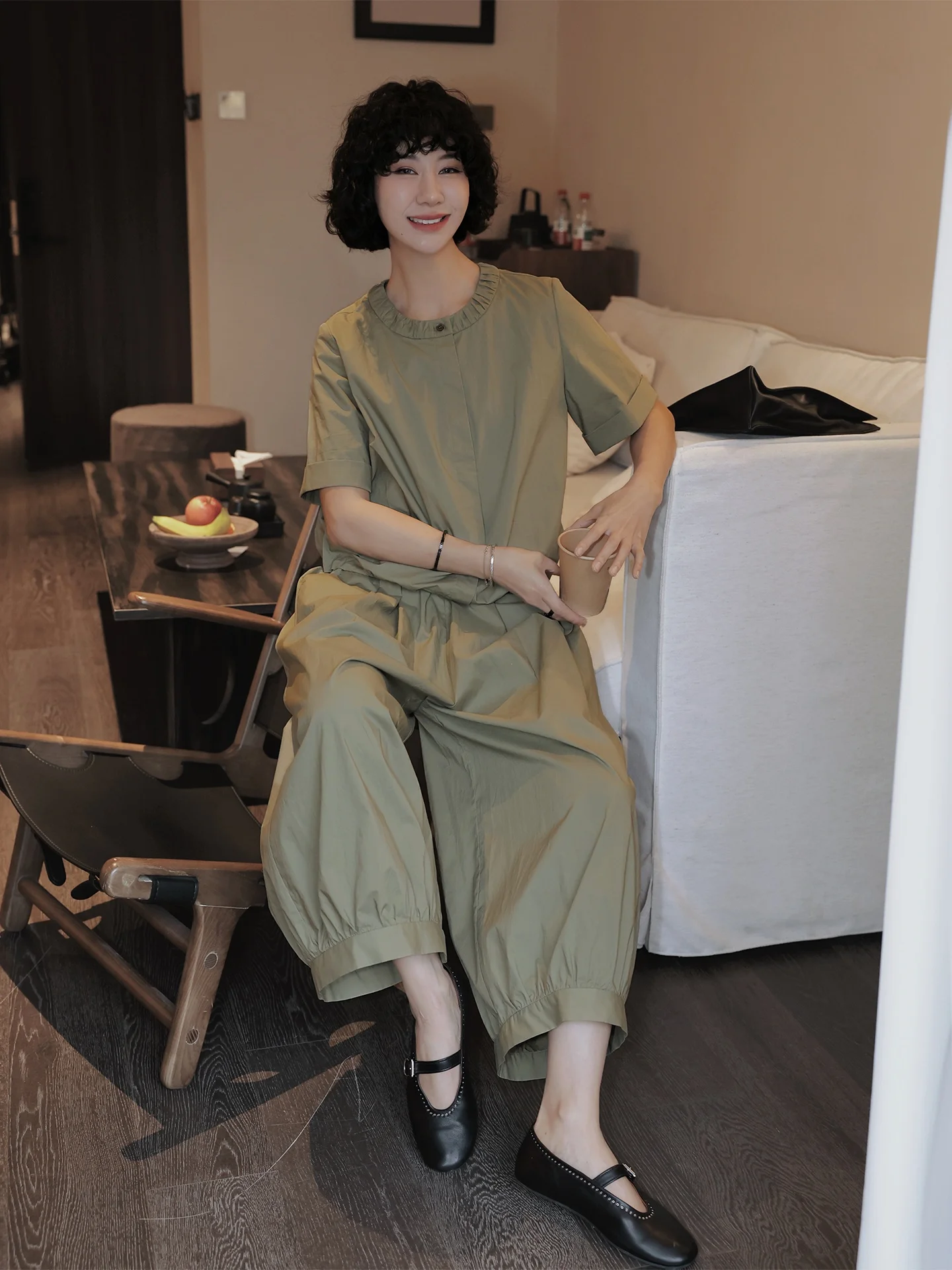 

TT Spring 2026 Loose Short Sleeve Casual Versatile Wide Leg Lantern Pants Set High Waist Eighteen Pants Fashionable