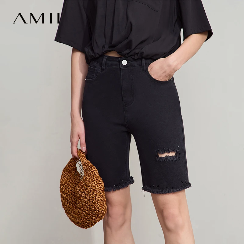 AMII ミニマリストカジュアルデニムショーツ女性夏 2025 ソリッドホールフィットジーンズ女性の新多用途ジッパーショートパンツ 12542207