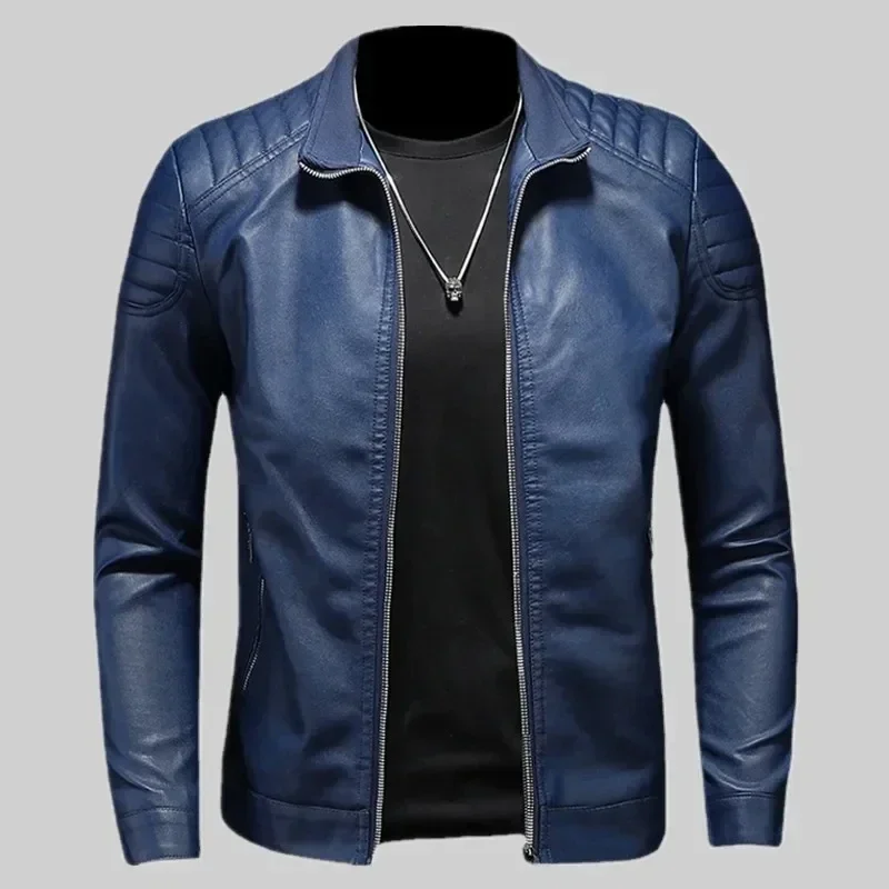 Abrigo corto ajustado con cuello para hombre, chaquetas de PU, abrigo de cuero a prueba de viento, chaqueta cortavientos, chaqueta de cuero para motocicleta para hombre