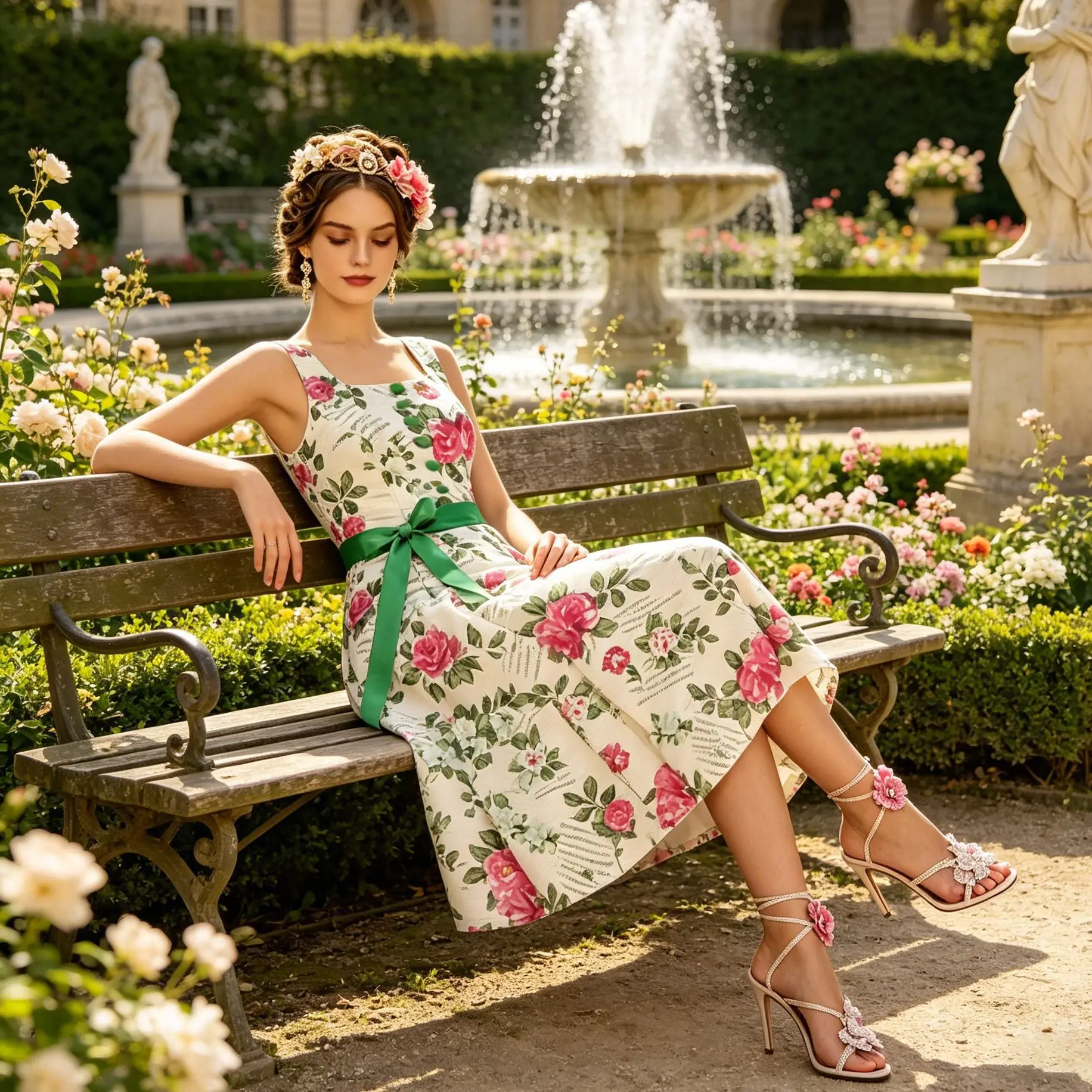 French retro rose print sleeveless dress, waist slimming, mid-length, elegant, holiday style A-line skirt