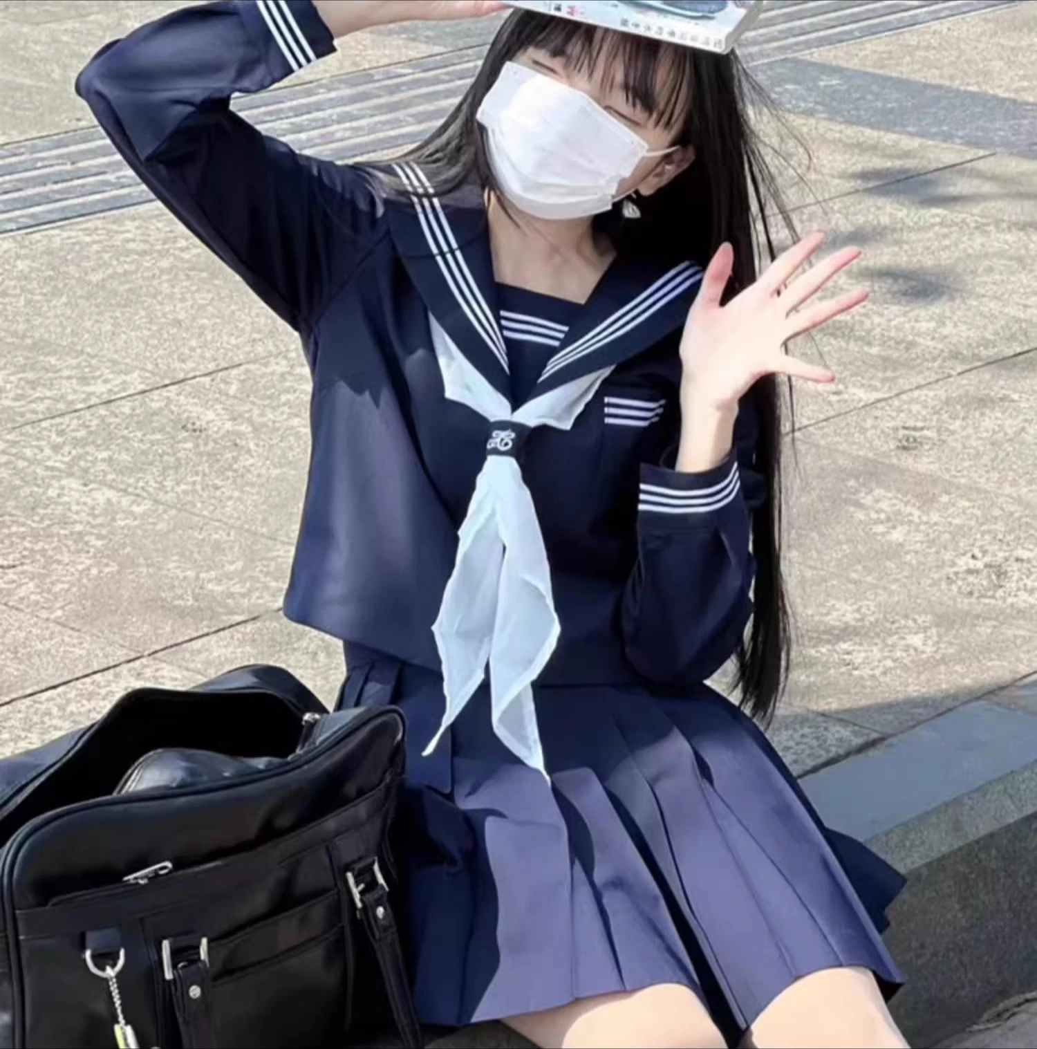 حجم كبير الحلو JK لعوب بحار طوق الفتيات قميص طويل الأكمام ربيع الخريف الحد من العمر عالية الخصر ألف خط مطوي تنورة