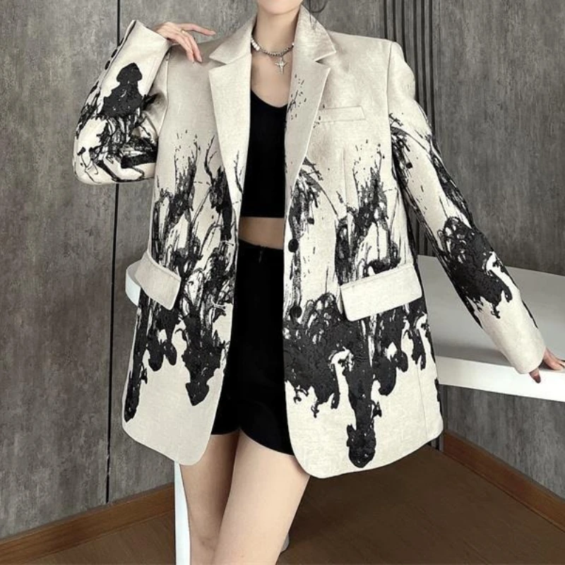 

2025 Autumn and Winter New High-end Shoulder Ink Painting Print Slimming Suit Jacket for Women