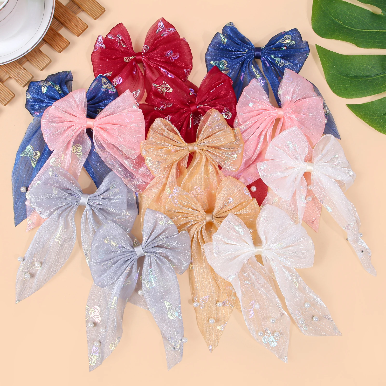 6/12pcs Lace Pearl Ribbon Bow Spring Hairpins Fashion Sweet Cute Soft Hair Clips For Girls Kids Women Daily Hair Accessories