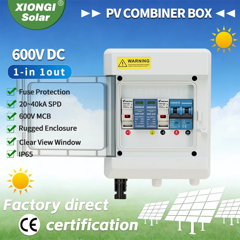 

Распределительная коробка для фотоэлектрических систем 1 вход/1 выход, 600В, с медными проводами, предохранителем, автоматическим выключателем, устройством защиты от перенапряжения и разъединителем для установки солнечных панелей