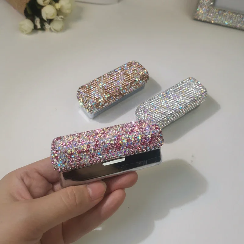 Luxury Rhinestone Lipstick Case With Mirror Lipstick Box Portable Travel Metal Jewelry Box Mini Lipstick Storage Box Girl Gift