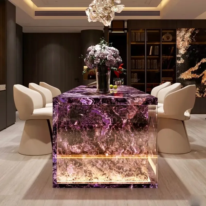 Natural Purple Translucent Amethyst Stone Island Bar with Mystery Backlight Design for Open Kitchen Counter