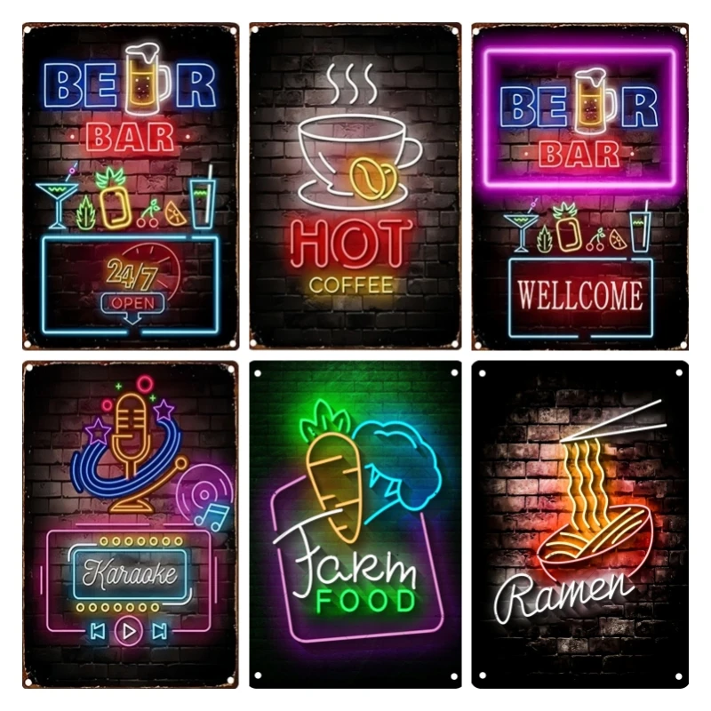 Neon Bar Open Decoration Metal Sign Tin Sign Tin Plates Wall Decor Room Decoration Retro For Home Club Man Cave Cafe