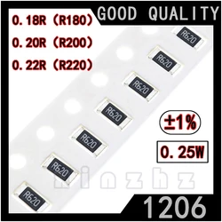 Chip de alta precisión 1206, resistencia fija de 1% W, 50 piezas, SMD 0,25, 0.18R, 0.22RΩ, ohm, impresión R180, R200, R220