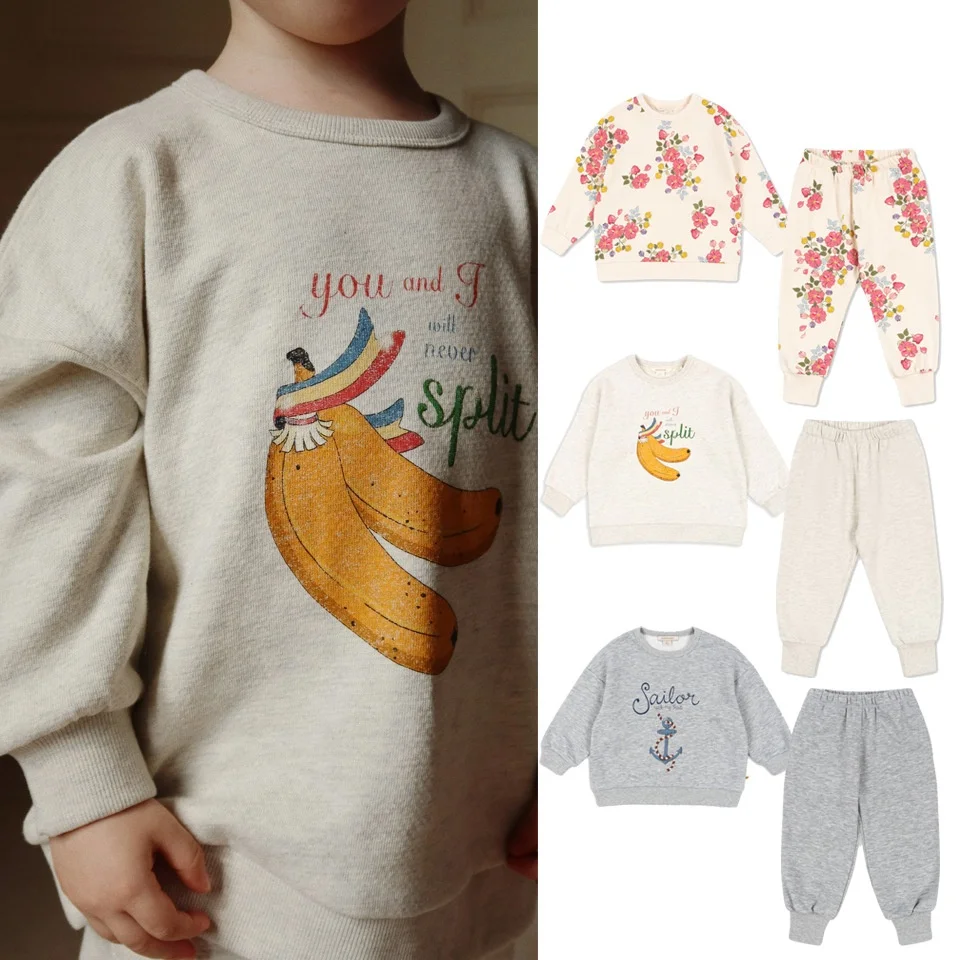 

2025 Spring New Boys and girls Kids' KS Floral Print Pullover Sweatshirt Casual Sweatpants Set