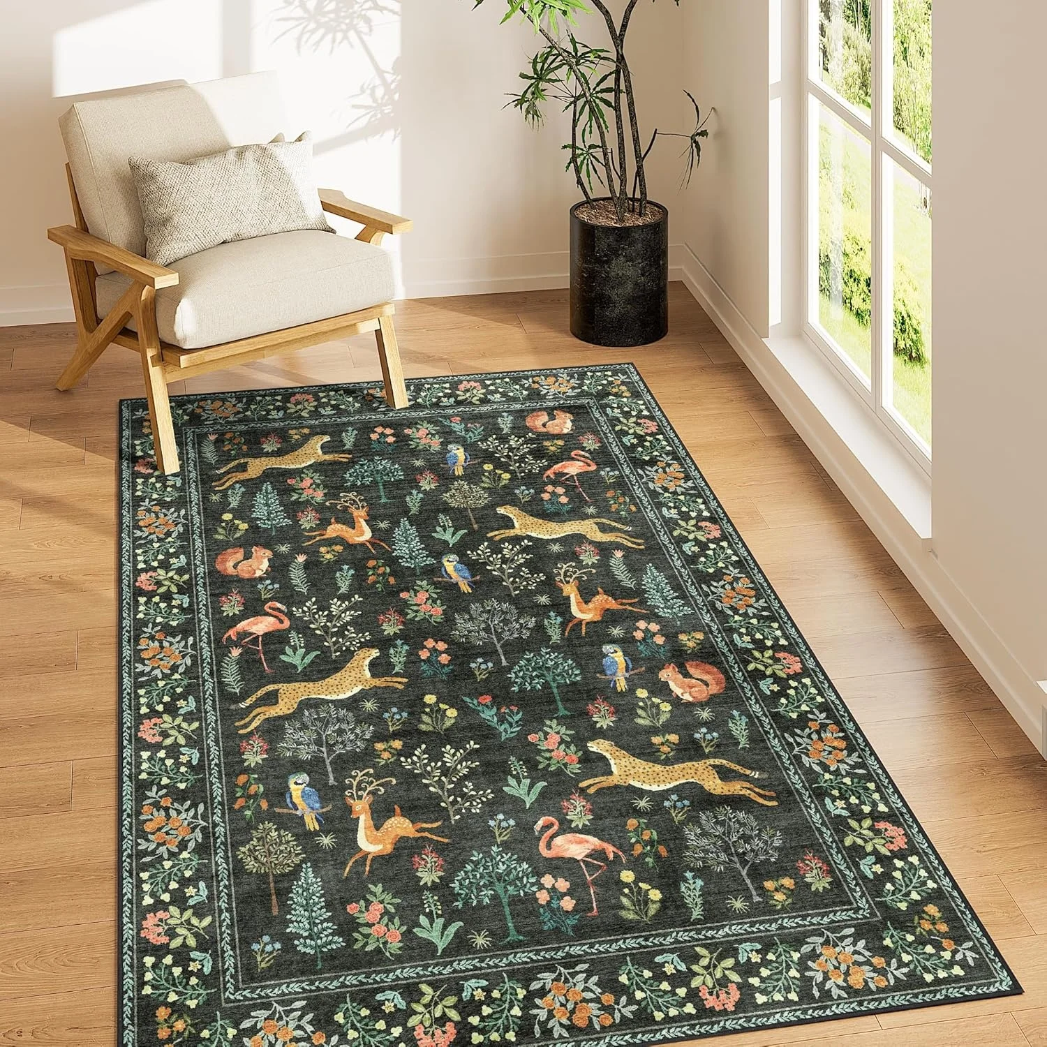 Carpet, Washable Animal Print Carpet, Suitable for Bedroom, Non-Slip, Black Low-Pile, Stain-Resistant, Soft Indoor Carpet, Suitable for Living Room, Kitchen, Dining Room, Baby Room, Lightweight, Pet-Friendly.
