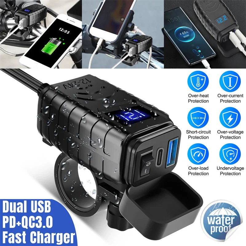 

48W Dual USB-C Motorcycle Charger With Power Delivery, Quick Charge 3.0, Built-in Voltmeter, And On/off Switch