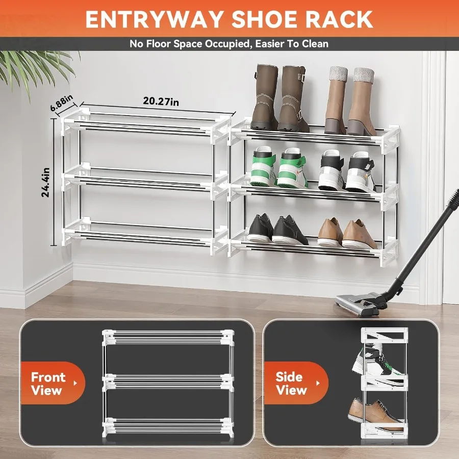 ชั้นวางรองเท้าแคบ 3 ชั้นพร้อมตะขอและห่วงแถบกาวและการออกแบบประหยัดพื้นที่บางสําหรับจัดรองเท้าติดผนังในปิด