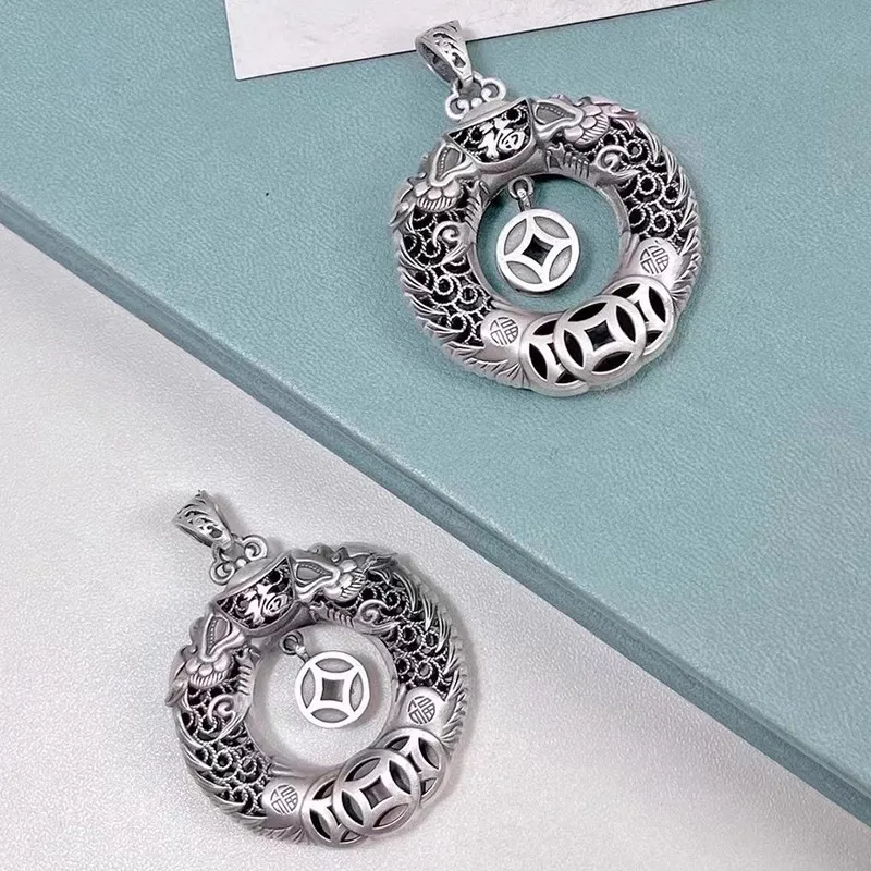 S999 Sterling Silver Double Dragon Peace Buckle Retro Buddhist Pendant Necklace
