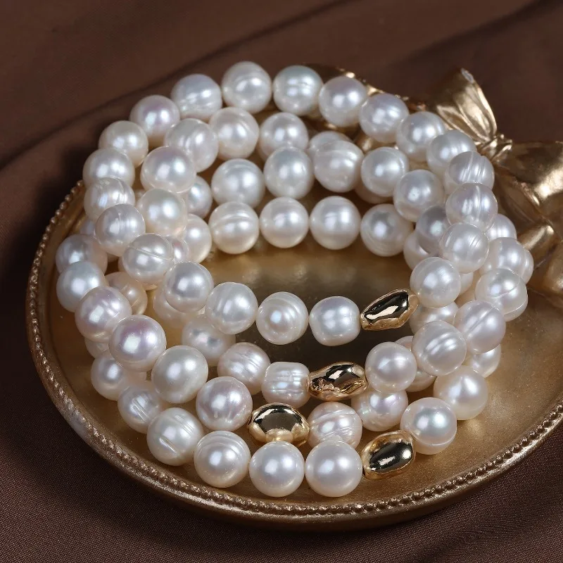 Natural 9-10mm Pearl Bracelet with Threaded Irregular Shape, Simple and Versatile