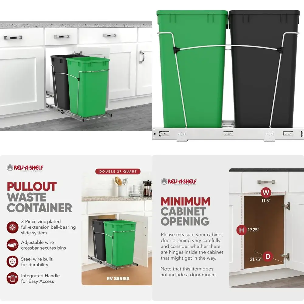 

25-27 Quart Kitchen Trash Can with Pullout Slide and Recycling Bin, Green/Black