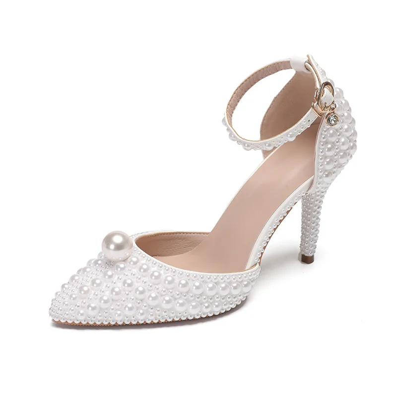 

Новые женские туфли большого размера: модные туфли на шпильке с острым носком, белые, с жемчугом, сексуальные, на высоком каблуке, для банкетов и свадеб, босоножки на высоком каблуке