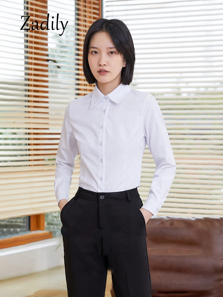 Office Lady Long Sleeve Women Basic Shirt Blouse Slim Button Up All Season Woman 50% Cotton Dress Shirts Work Female Tops