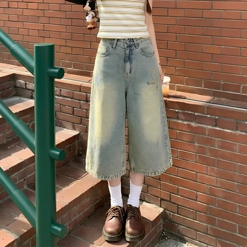 Summer Women's Vintage Style Denim Shorts High Waist Pants Cool Girls Calf-length Trousers Female Wide Leg Streetwear