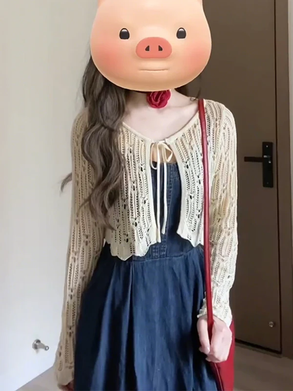 

Women's Short Hollow out Light Weight Summer Cardigan Sleeveless Knitted Top Korean Style V-Neck Pullover Casual Outerwear