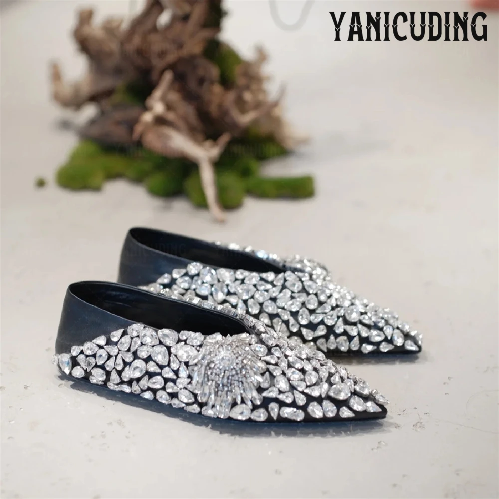 

Rhinestone Tassel Flats Black Leather Pointed Toe Shoes Designer Style Luxury Shoes Slip on Soft Leather Shining Flats for Women
