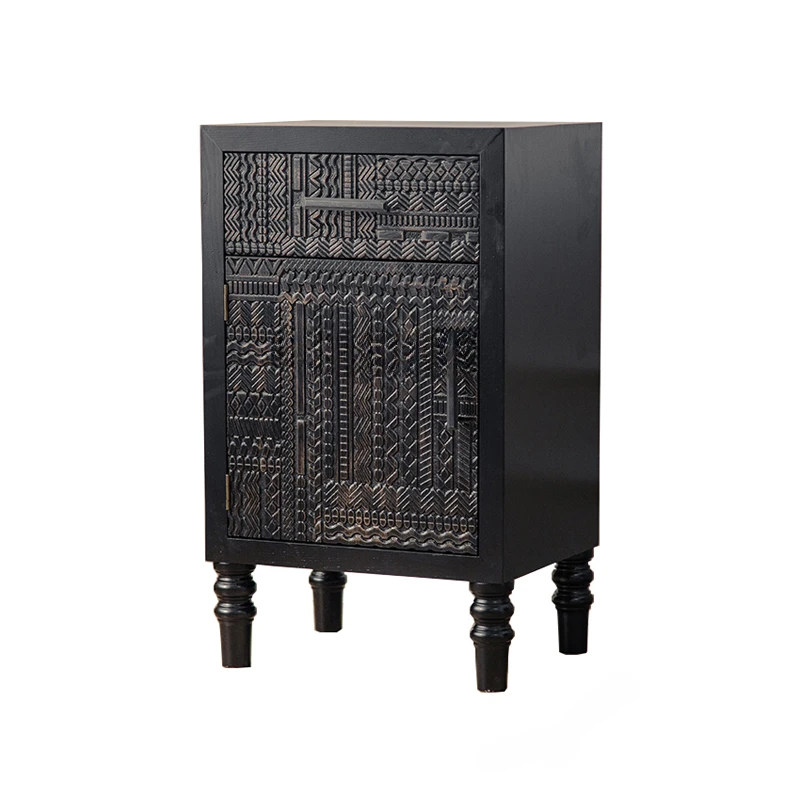 Vintage Chest of Drawers Sideboard Cabinet Indonesia Modern Black Carved Solid Wood Furniture Light Luxury Entrance Cabinet