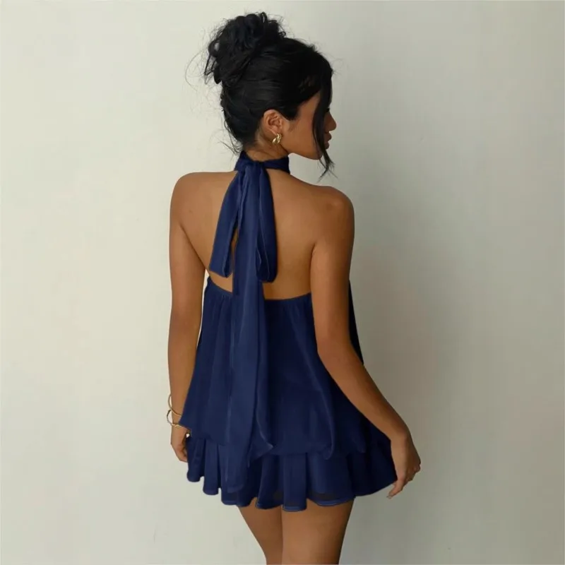Mini Vestidos 2026 Woman Dress Vestido Dresses Temperament Hot Girl Style Neck Halter Backless Slim Ruffles Sleeveless Fashion
