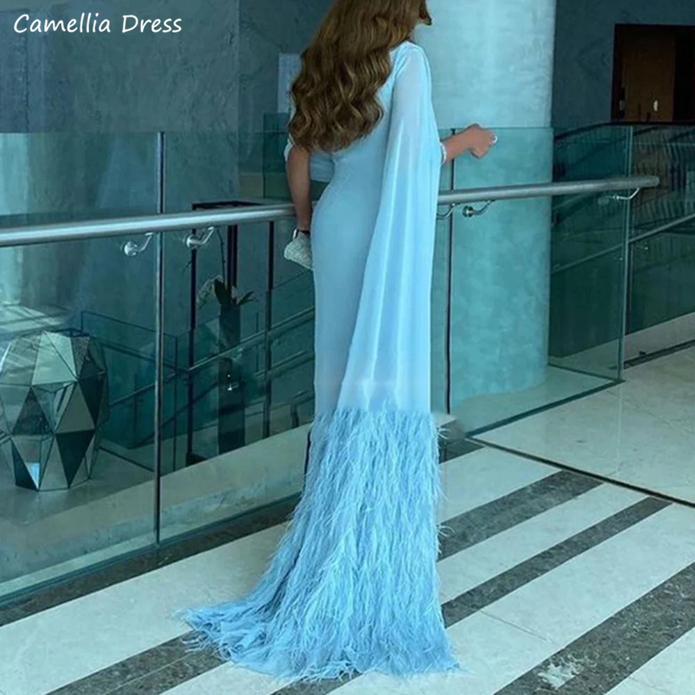 Gorgeous Tulle Evening Dresses For Women Sexy Feather Shawl Prom Dresses Grace Blue Party Gowns Robes De Soirée  فستان سهرة