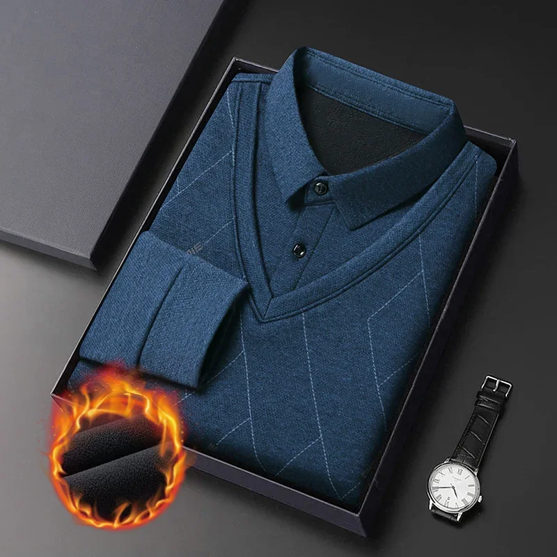 T-Shirt a maniche lunghe con risvolto da uomo invernale con peluche e calore addensato, camicia a due pezzi finta, maglione con colletto, camicia a maglia