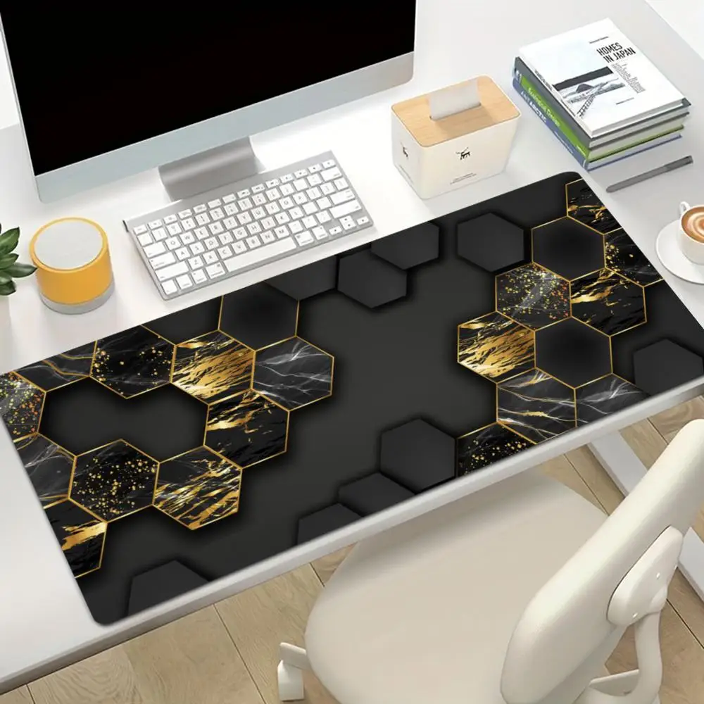 Lack & Gold Marble Hexagon Gaming Desk Mat Premium Anti-Slip Keyboard Pad with Natural Rubber And Stitched Edges