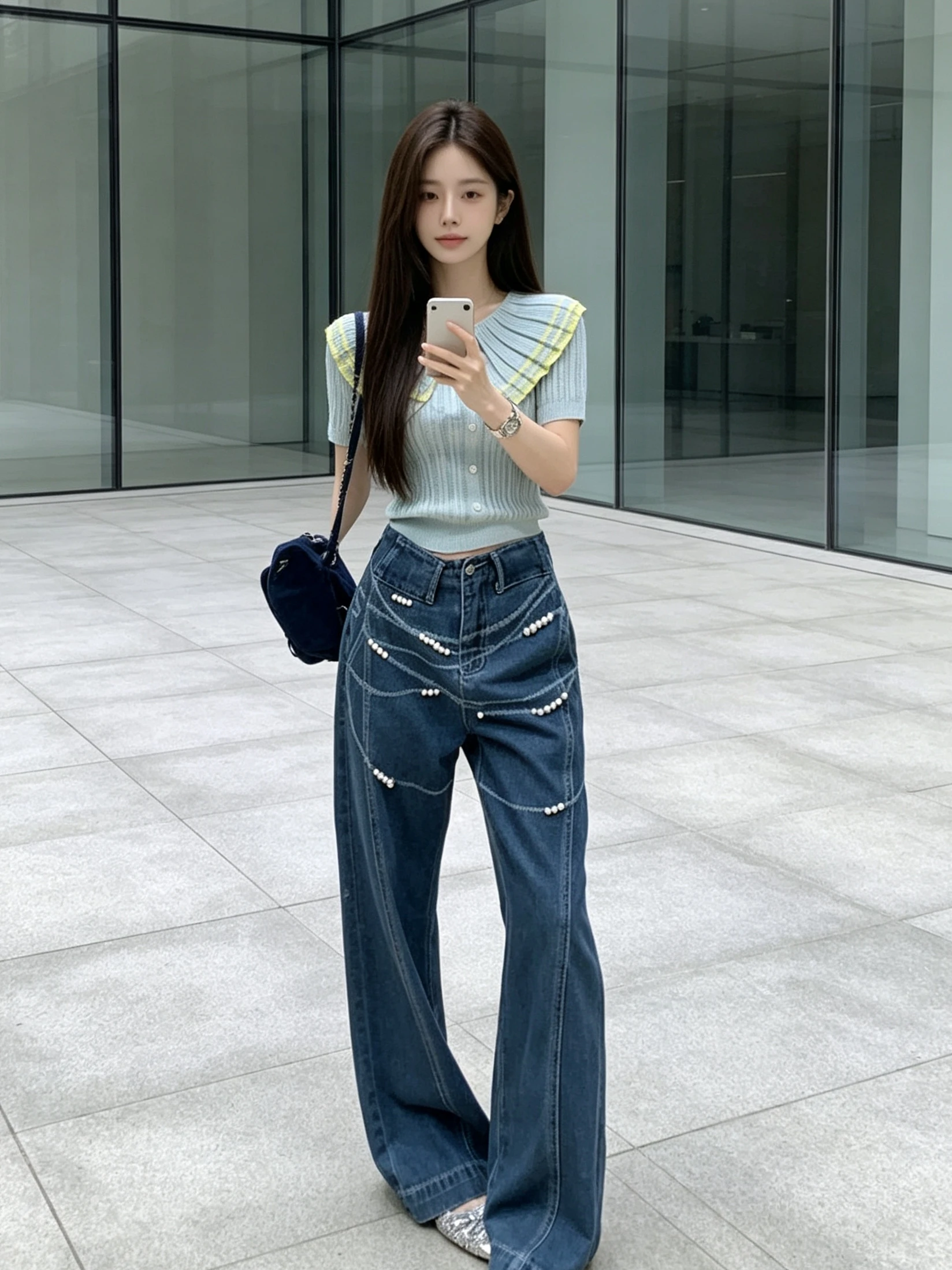 Washed Pearl Detail Straight Leg Jeans Women's Fashion Slimming Versatile Floor-Length Trousers American High Street Design