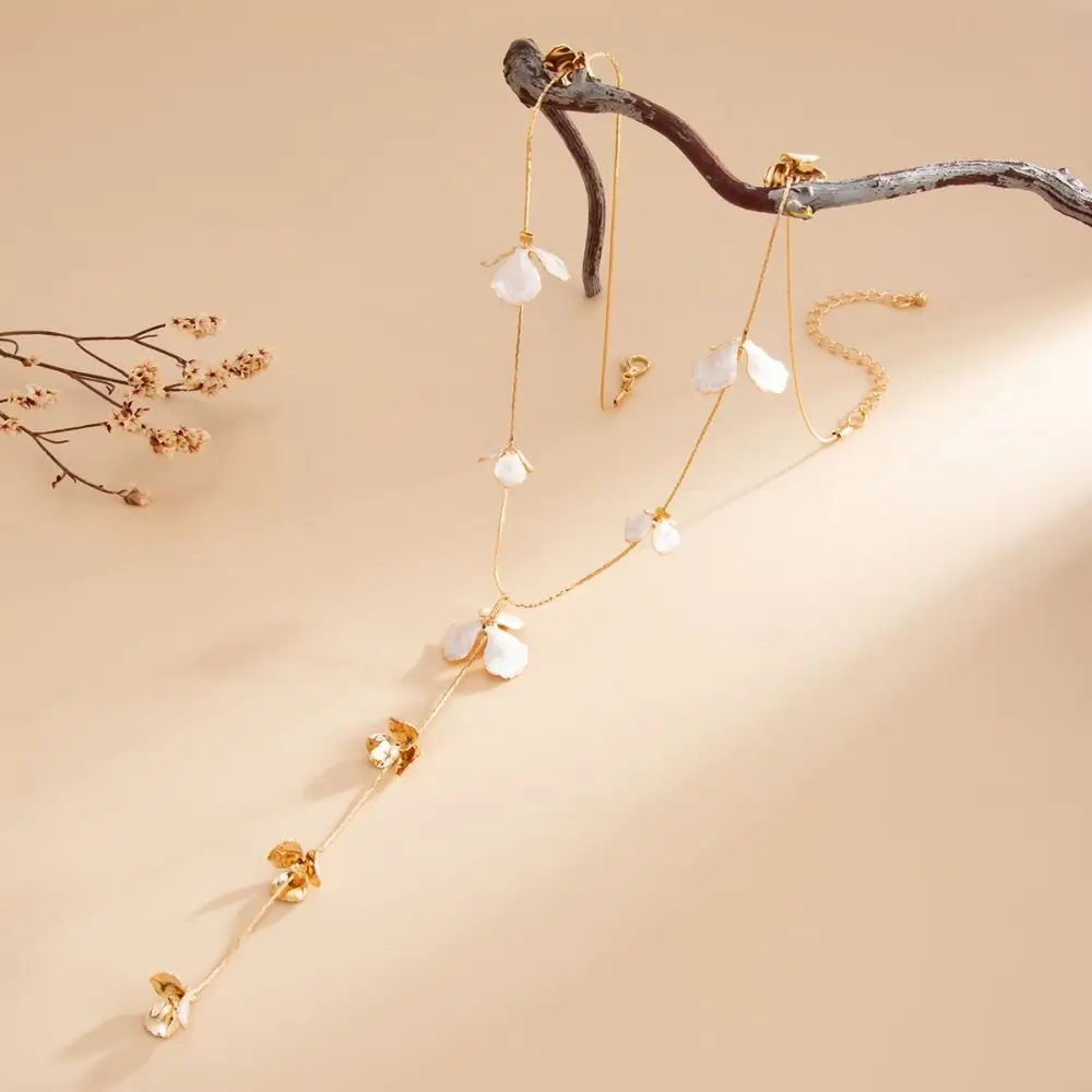 Irregular Design Tassel Necklace Hammered Texture Thin Chain Y-shaped Necklace Flower Design Stamen Tassel Chain Jewelry