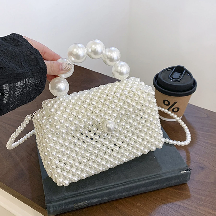 Schultertasche mit Perlenkette, Handtasche mit künstlichen Perlen, vielseitige Damen-Umhängetasche, Bolso De Mujer, kleine quadratische Tasche, Sac