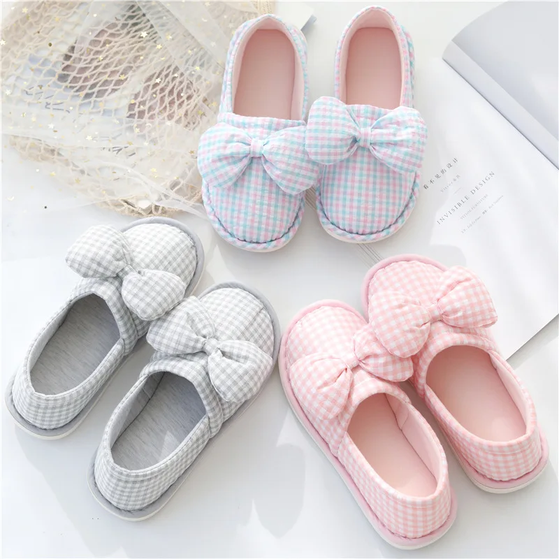 ربيع الخريف القوس نعال من القطن المنزل للنساء داخلي غرفة نوم منزل المضادة للانزلاق أحذية نسائية الوردي/الرمادي