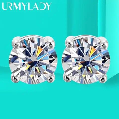 URMYLADY 2 캐럿 8.0mm D 컬러 Moissanite 스터드 귀걸이 여성을위한 최고 품질 100% 925 스털링 실버 스파클링 웨딩 쥬얼리