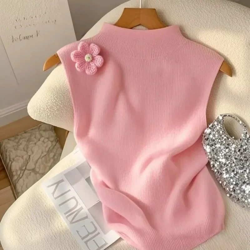 Pink Flower Knitted Ice Silk Vest Suspender Women's 2025 Summer New Pleated Slim Fit Sleeveless Semi-turtleneck Tank Top