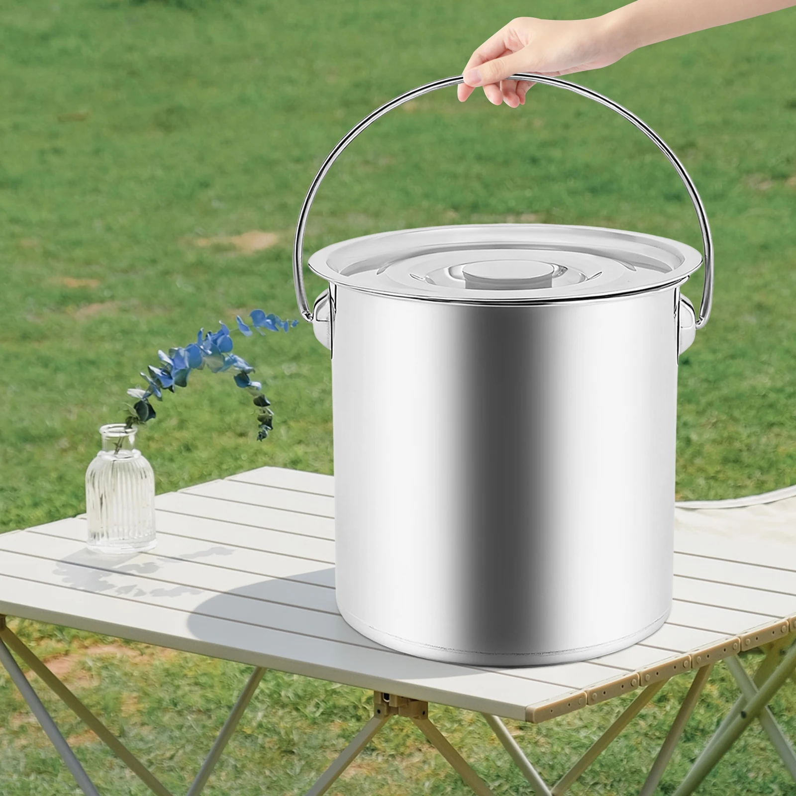 

12L Stainless Steel Bucket with Lid & Handle Water Storage Pail Metal Milking Bucket Extra Thick 1.6mm Large Capacity
