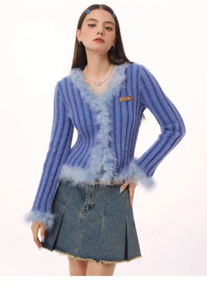 Stripe Fur Knitted V-Neck Tie Cardigan Women Clothes Cropped Fashion Hot Girls Y2k Tops Korean Atmosphere Slim Fit T-Shirt