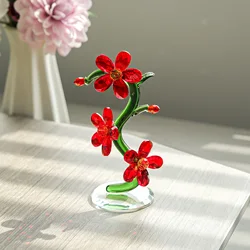 Red Crystal Three Flower Figurine Collectible Paperweight Glass Flowers Ornament Table Decor for Women Thanksgiving Gift