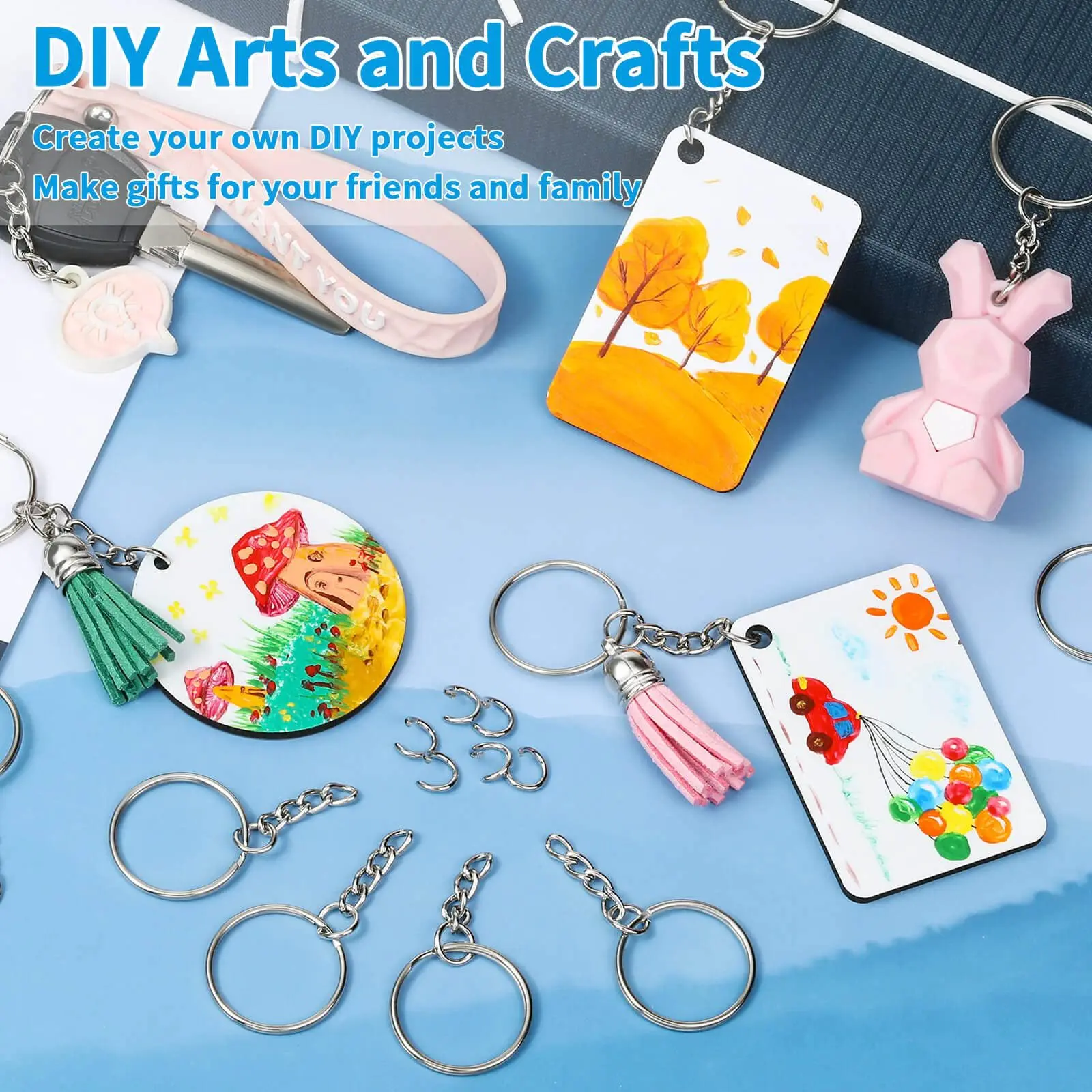 100Pcs Keychains with Chain and 100Pcs Jump Rings Keychain Rings Kit Keychain Findings Bulk for Keychain Making DIY Crafts