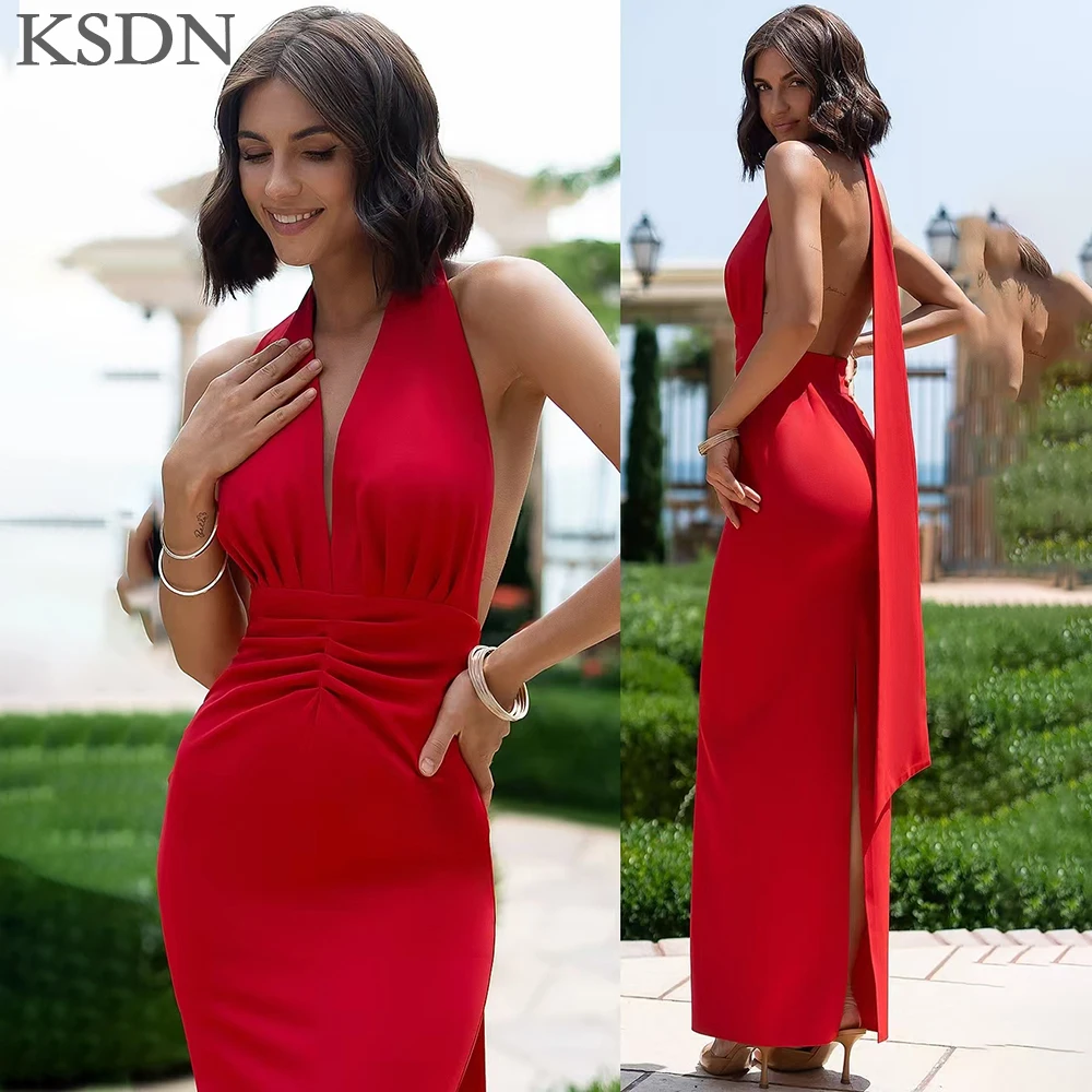 

Sexy Women Evening Dresses Red Sleeveless Backless Ankle-Length Gowns Pleat Special Occasion Prom Dress Customzied Satin Dress