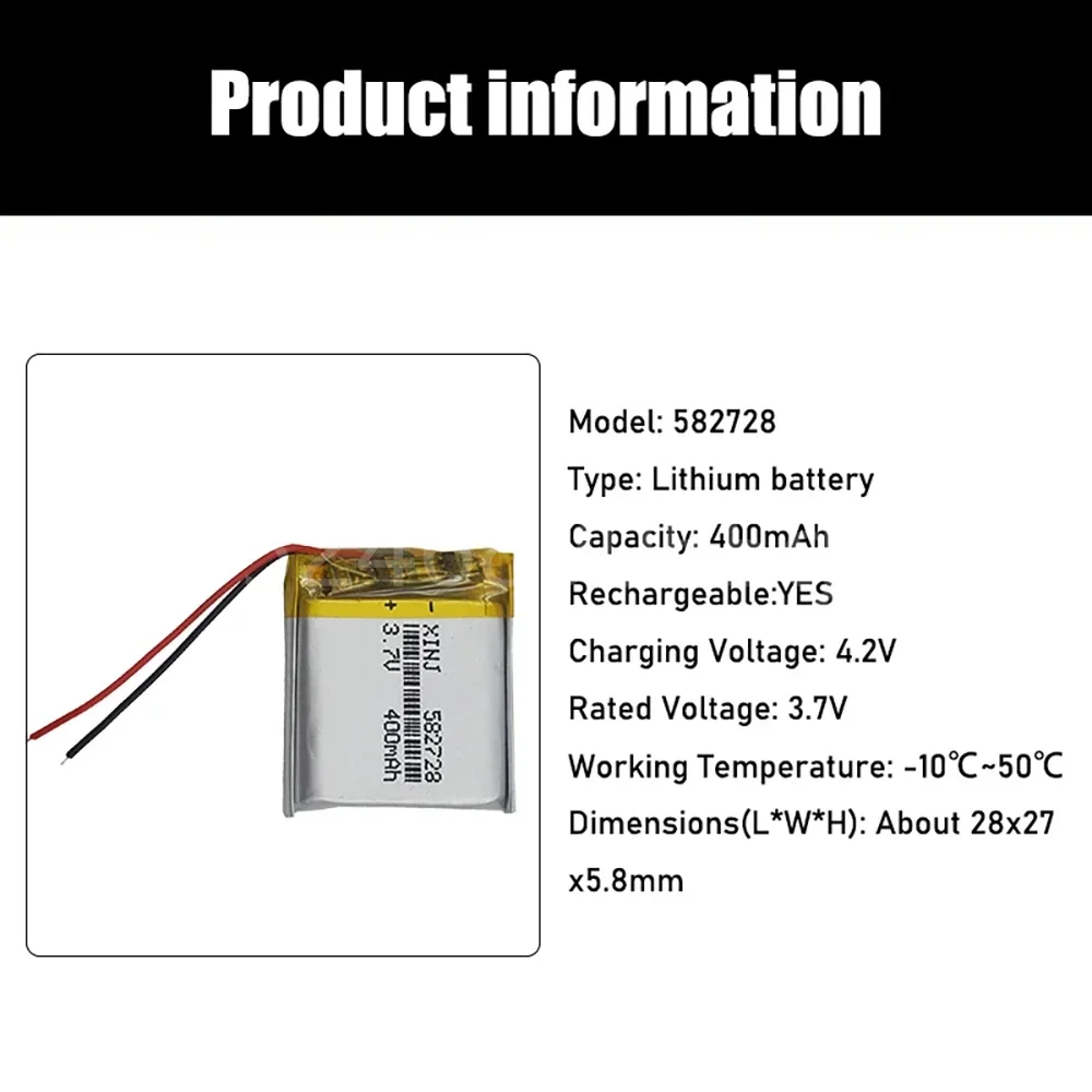 400mAh 3,7V 582728   Bateria recarregável de polímero de lítio li-po li-ion para smartwatch gps pda notebook alto-falante bluetooth mp4