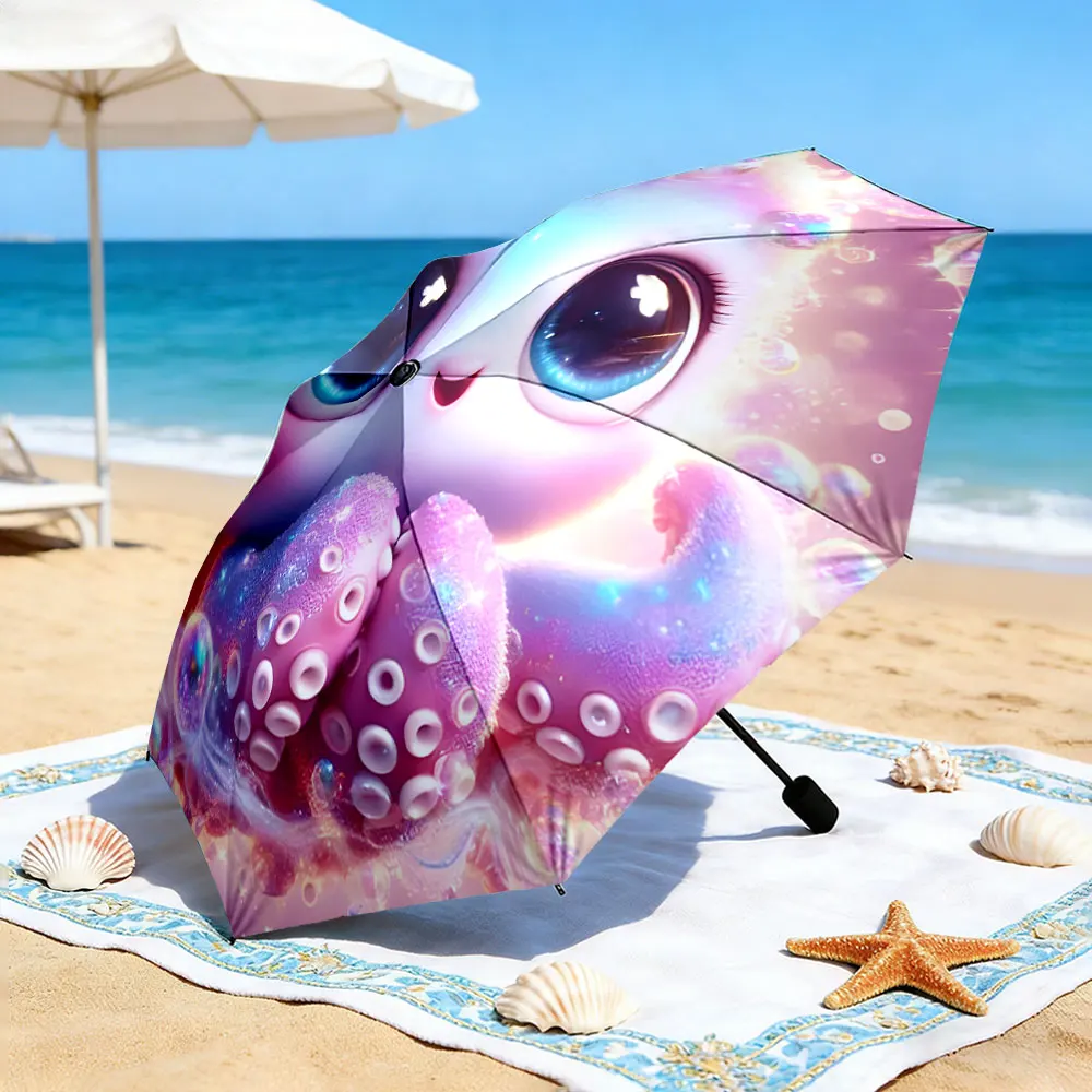 1PC Colorful Umbrella with Cartoon Octopus by the Lake Print 8 Iron Ribs Folding Umbrella Auto-Open Fashion Sunshade