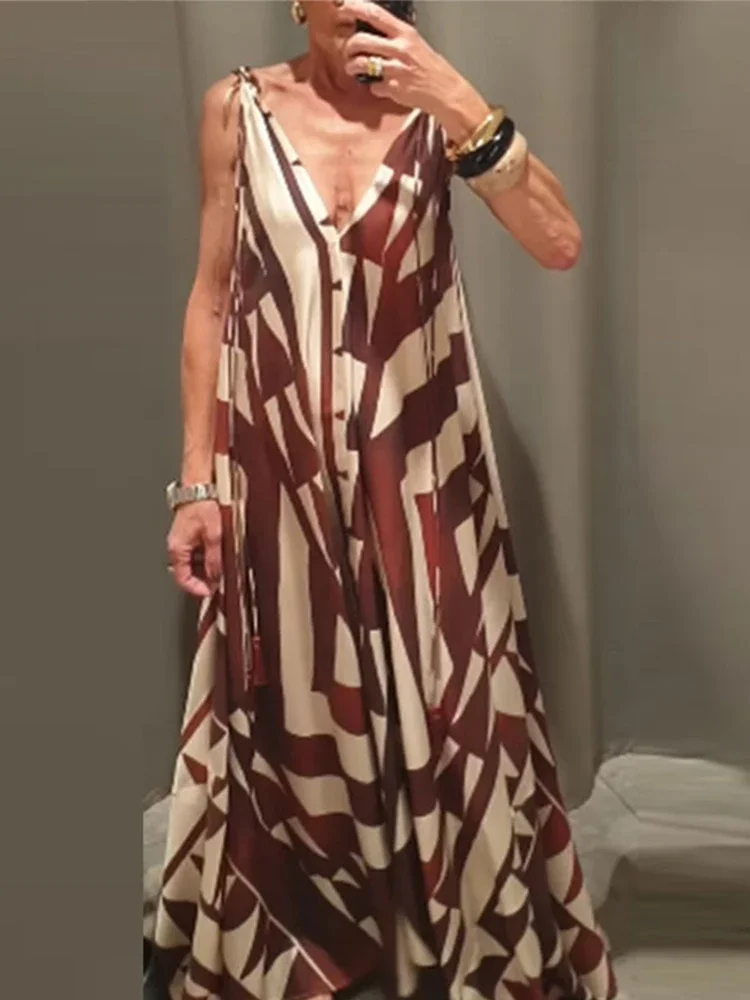 

Casual Printed Long Dresses Women Fashion Loose V Neck Sleeveless Bohemian Maxi Robe Female Summer New Holiday Lady Vestidos