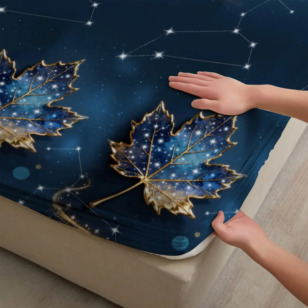 1pc Starry Maple Leaf Print Fitted Sheet Deep Pocket Elastic Mattress Cover Single Double Queen King Bedroom Decor