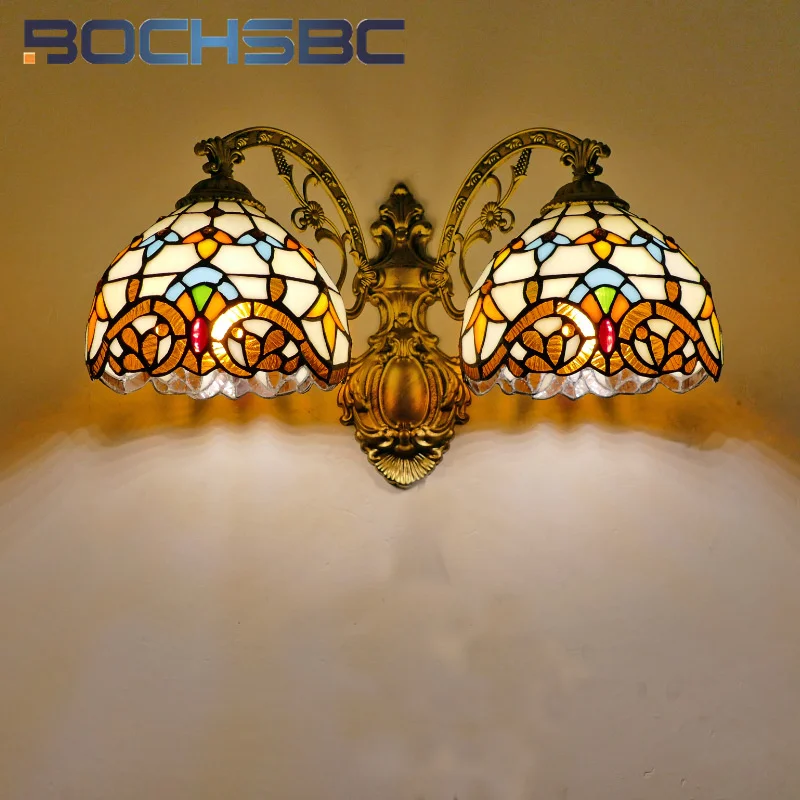 Imagem -02 - Bochsbc-estilo Tiffany Lâmpada de Parede Vintage para Sala de Jantar Quarto de Estudo Lâmpada de Cabeceira Luz do Corredor Led Deco 8in Europeu