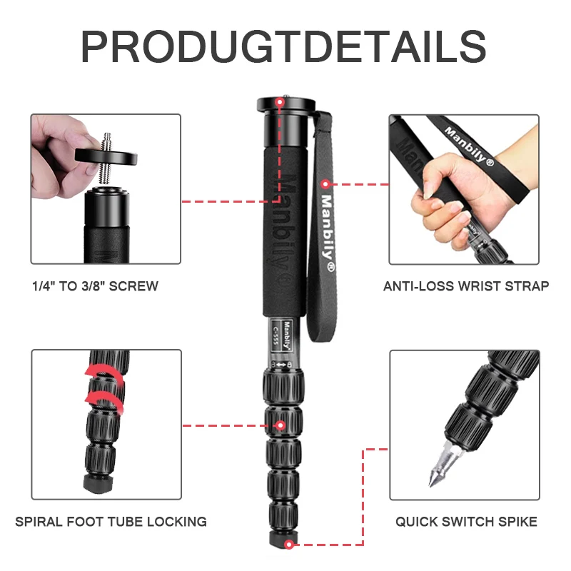 Manbily C-555 Carbon Fiber Monopod For Phone DSLR Camera Vlog Video Camcorder Portable Photography Bracket Professional