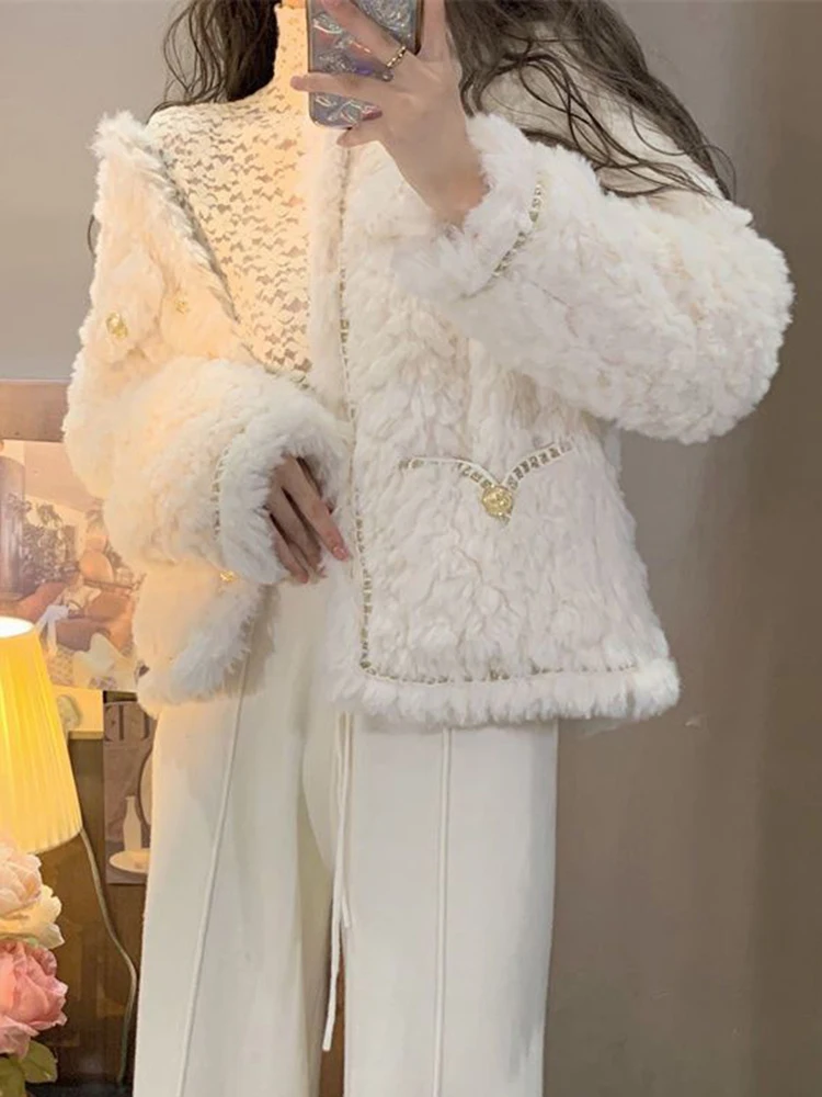 Zoki White Sweet Faux Lamb Coat Women Casual Long Sleeve Fashion Jackets Winter Warm Chic Female Elegant Buttons Korean Tops New