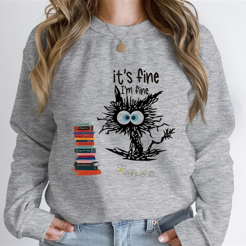 It's Fine I'm Fine Cat Sweatshirt, Unisex, Positivity Shirts, Cartoon Cat Cleaning Hoodies, PVD Funny Animal Lovers Hoodies