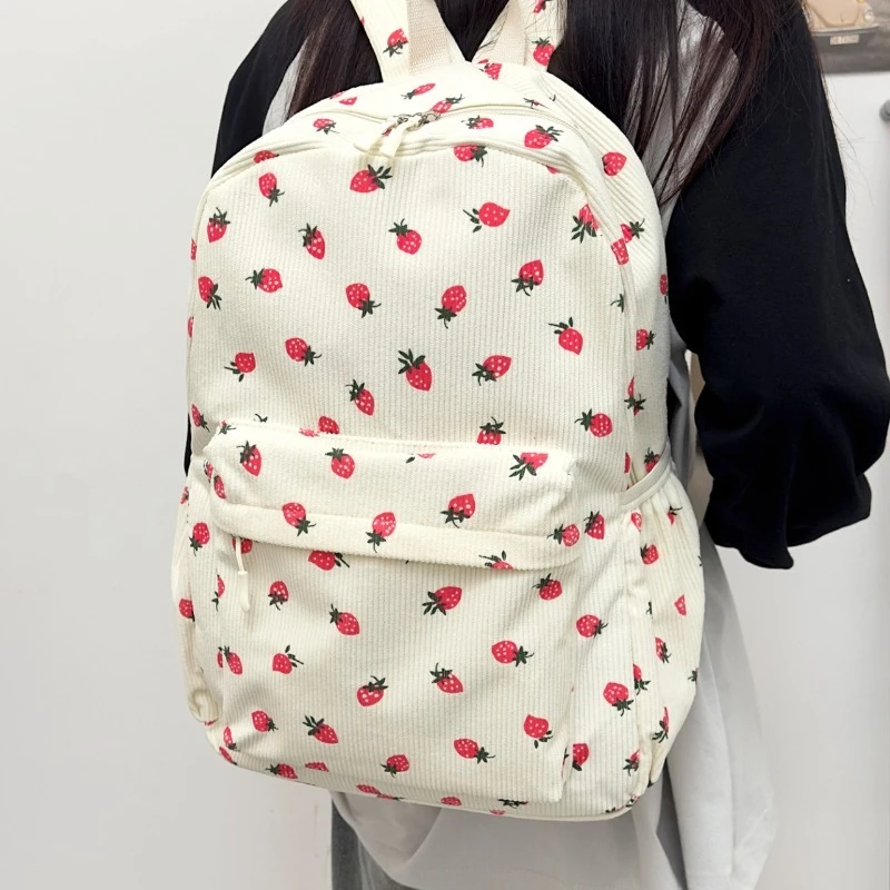 Corduroy Backpack Strawberry  Women Travel Daypack Adjustable Strap Laptop Backpack Zipper for Work Shopping School Mochilas