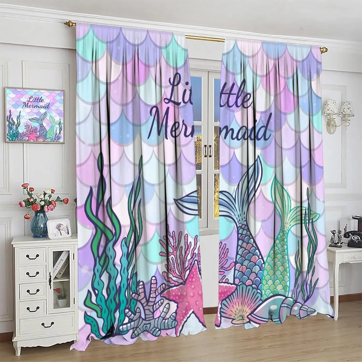Mermaid Tail Curtains, Ocean Shell Starfish Magical Fantasy Mermaid Modern Window Drapes, for Kid Boys Girls Living Room Bedroom